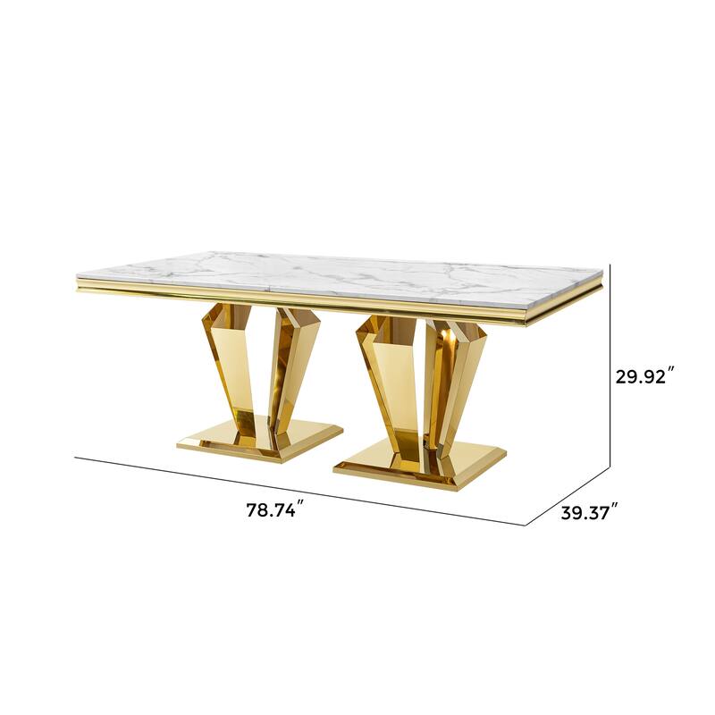 Dining Table for 6 or 8, Rectangular 78.74" L x 39.37" W x 29.92" H Gold Polished Stainless Steel Base MDF Marble Top