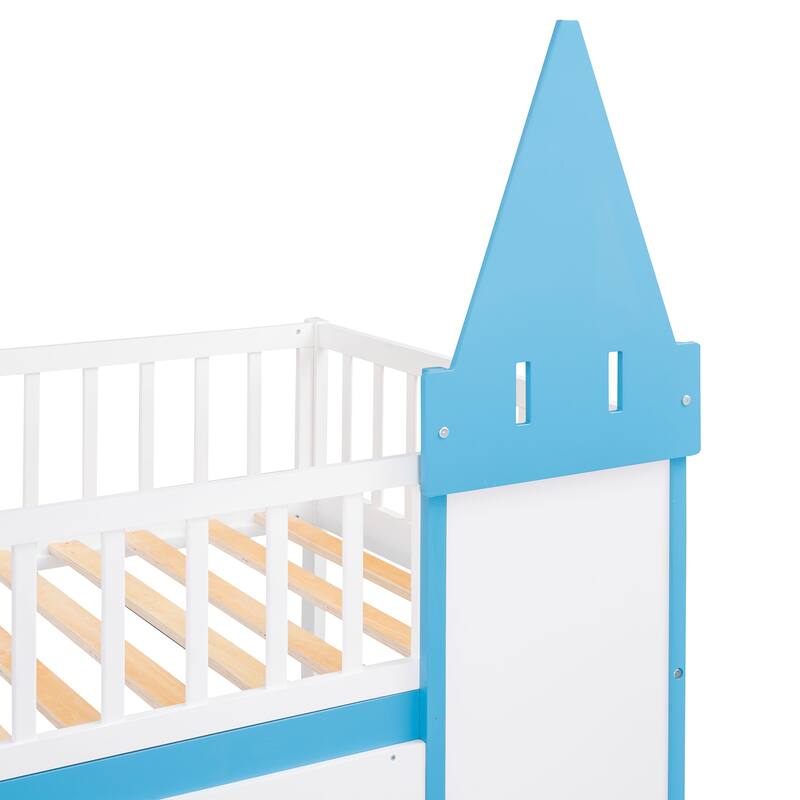 Castle Shaped Wood Bunk Bed with Door and Window, Twin Over Twin Size