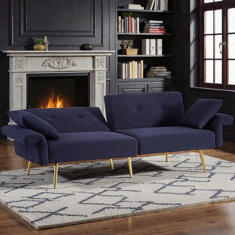 Modern Teddy Loveseat Sofa with Side Pocket, Folding Sleeper Sofa Bed with Adjustable Backrest and Golden Metal Legs