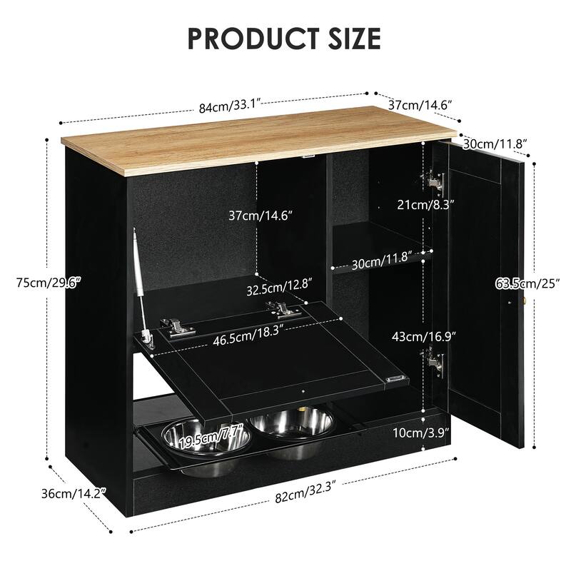 Pet Feeding Station with 2 Dog Bowls,Side Hooks,Anti-tip Kit,for Feeding & Watering, Black