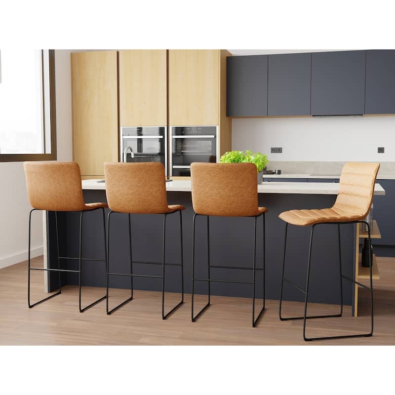 Brooklyn Modern Curved Backrest Leather Bar Stool with Powder Coated Black Finish Frame and Sponge Filling for Kitchen Dining