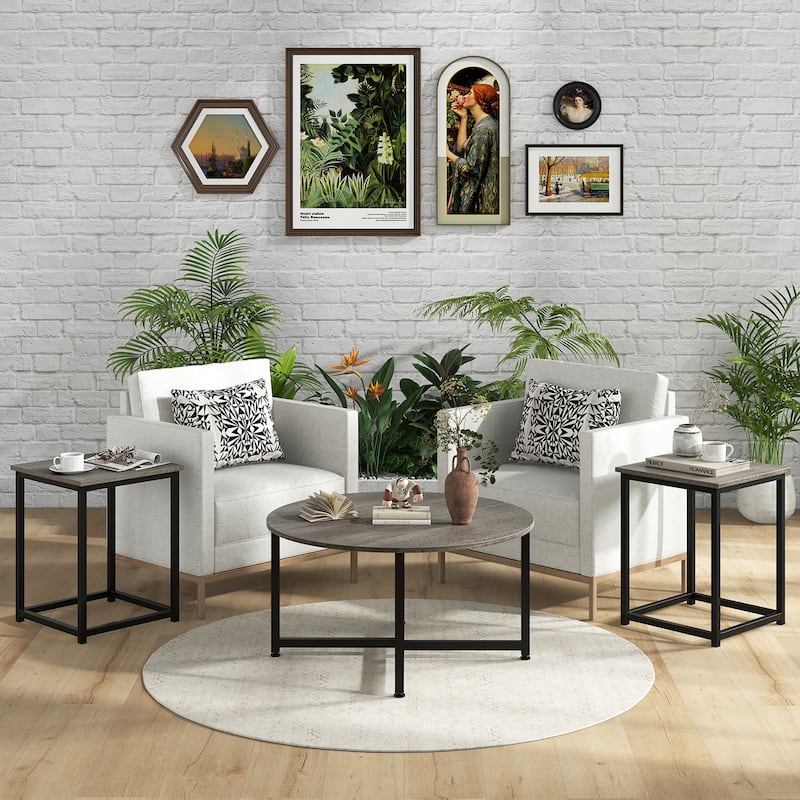 Gymax Round Nesting Table Set of 3 Coffee Table w/ 2 End Tables Sturdy