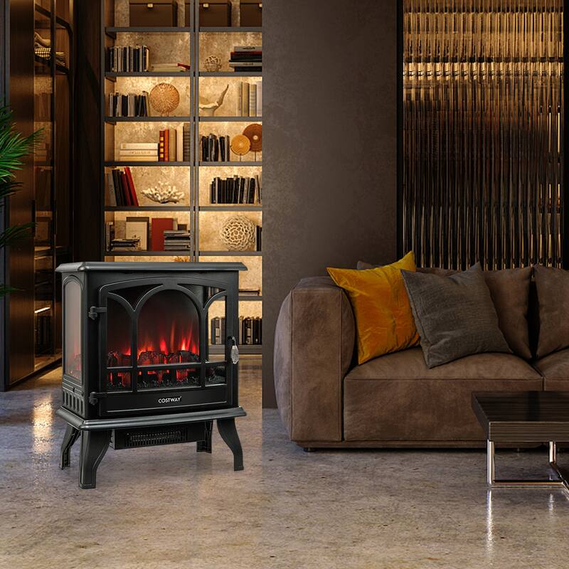 Costway 20'' Freestanding Electric Fireplace Heater Stove W/ Realistic - See Details