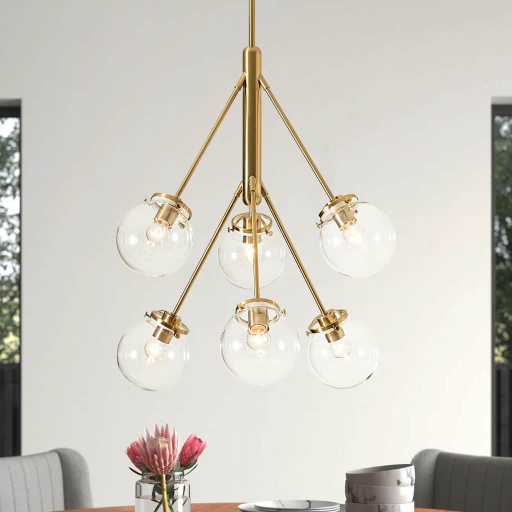 6-Light Modern Glam Sputnik Brass/Matte Black Finish Dimmable Chandelier with Clear Glass Globe for Living & Dining Room