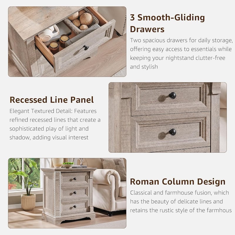 Farmhouse 3 Drawers Nightstand with Charging Station, Rustic End Table