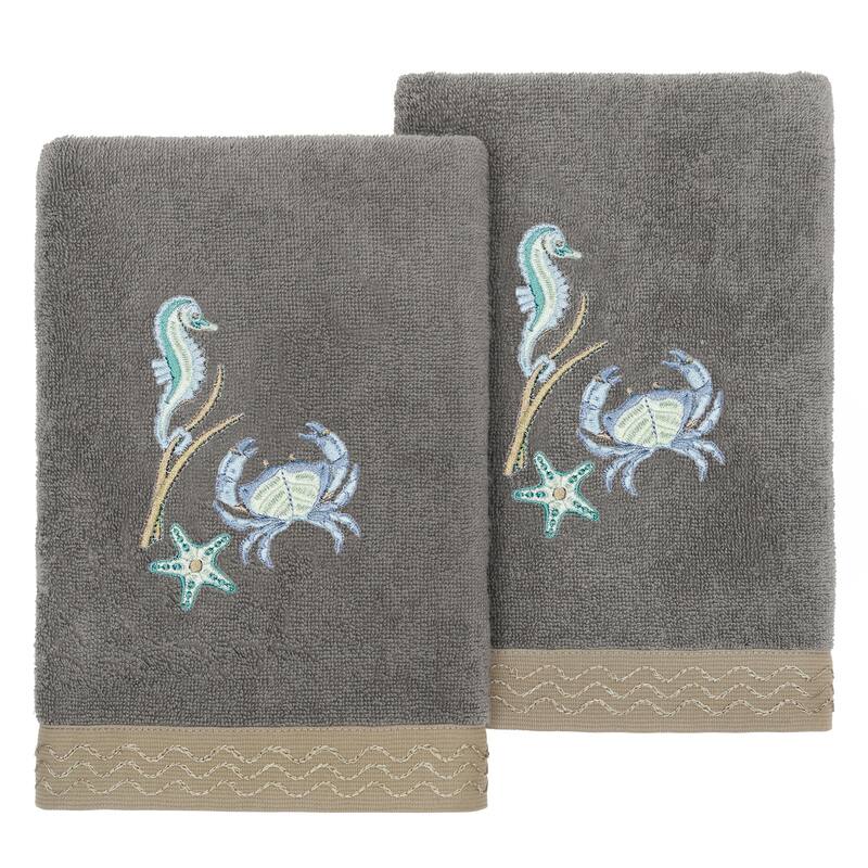 Authentic Hotel and Spa Turkish Cotton Aaron 2PC Embellished Hand Towel Set - Charcoal