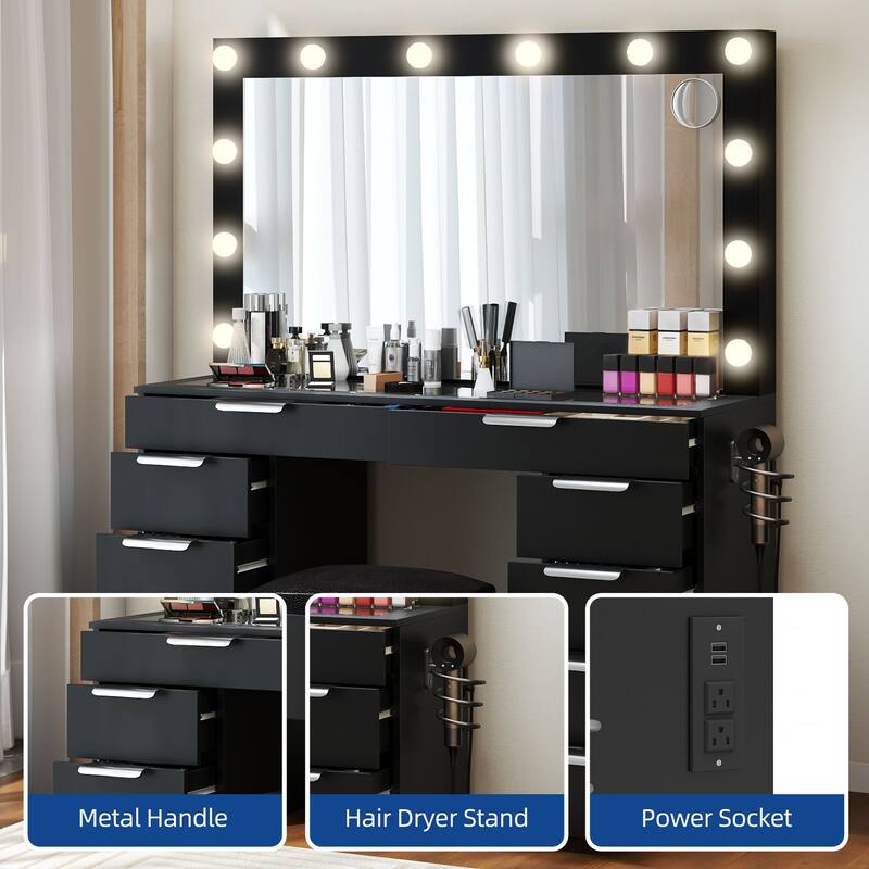 Moasis 10-Drawer Cosmetic Vanity Desk Set with Glass Tabletop Makeup Vanity with Stool