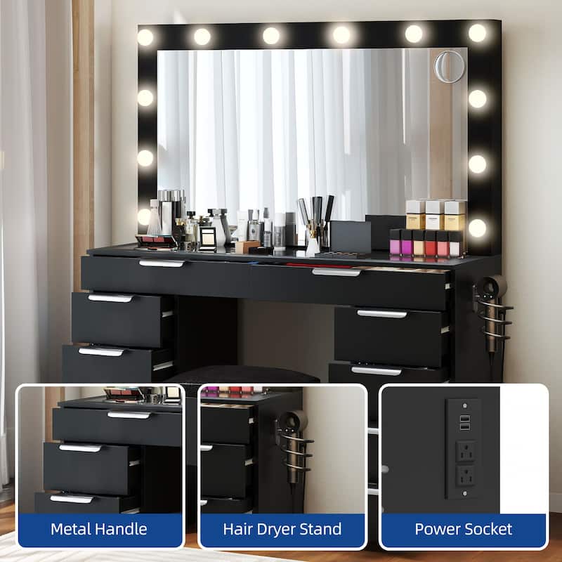Moasis White 10-Drawer Cosmetic Vanity Desk Set with Glass Tabletop Makeup Vanity with LED Strip