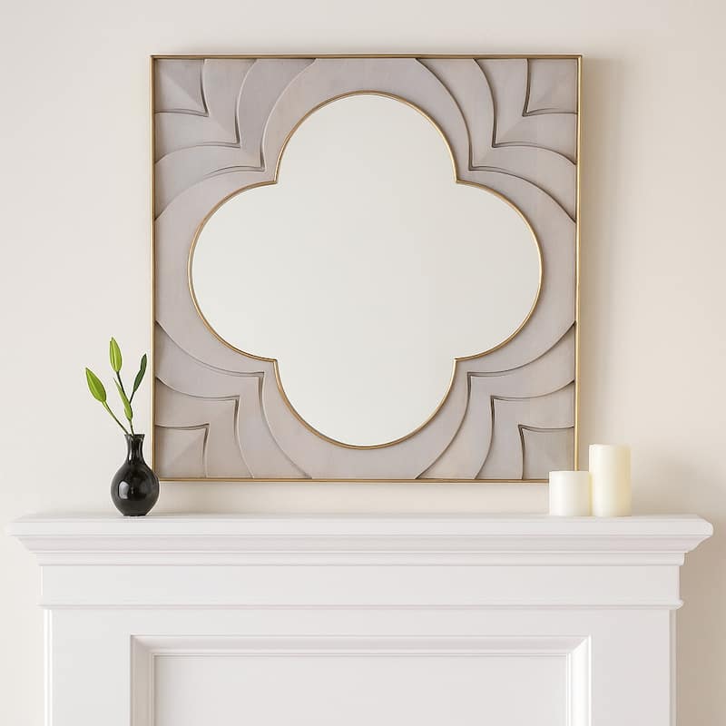 Decorative Large Square Wall Mirror - Wood and Brass Frame -35", Ivory - 35.0"