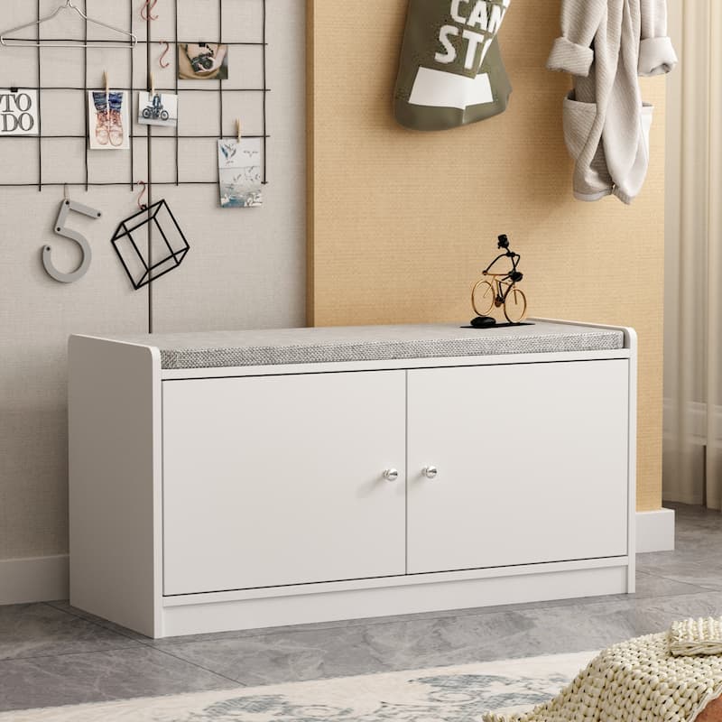 Hallway Shoes Storage Cabinet Bench with 2-Door & Padded Seat Cushion