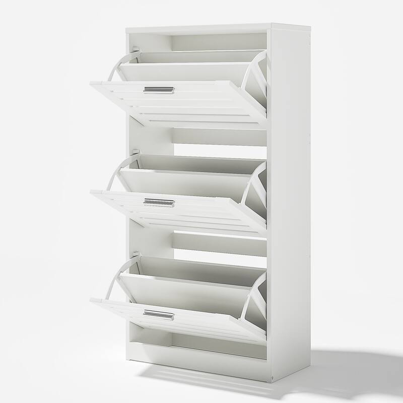 VECELO White 3-Tier Shoe Cabinet with Flip Drawer Silver Handles 47.24" Tall MDF Rack Removable laminate Design for Entryway