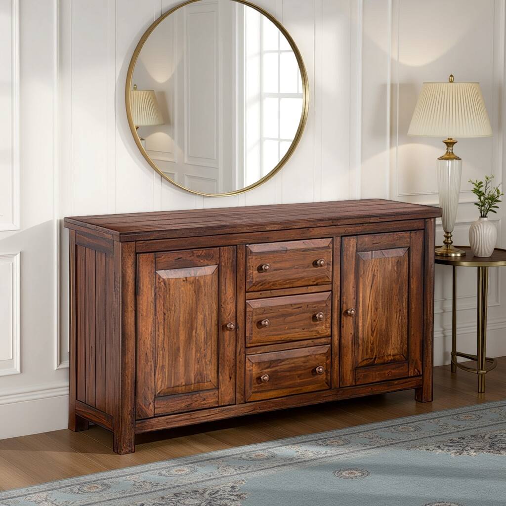 Reggie Buffet Console, 3 Drawers and 2 Cabinet, 66 Inch Brown Mahogany