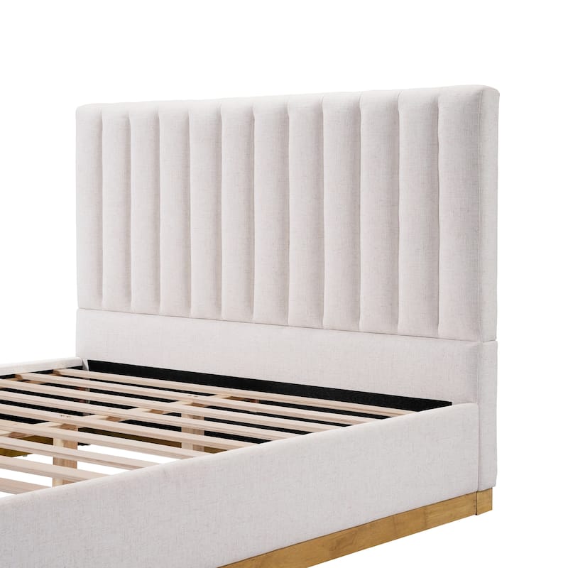 Beige Platform Bed Frame Stripe Linen Thick Upholstered Headboard Footboard, Solid Wooden Base Frame