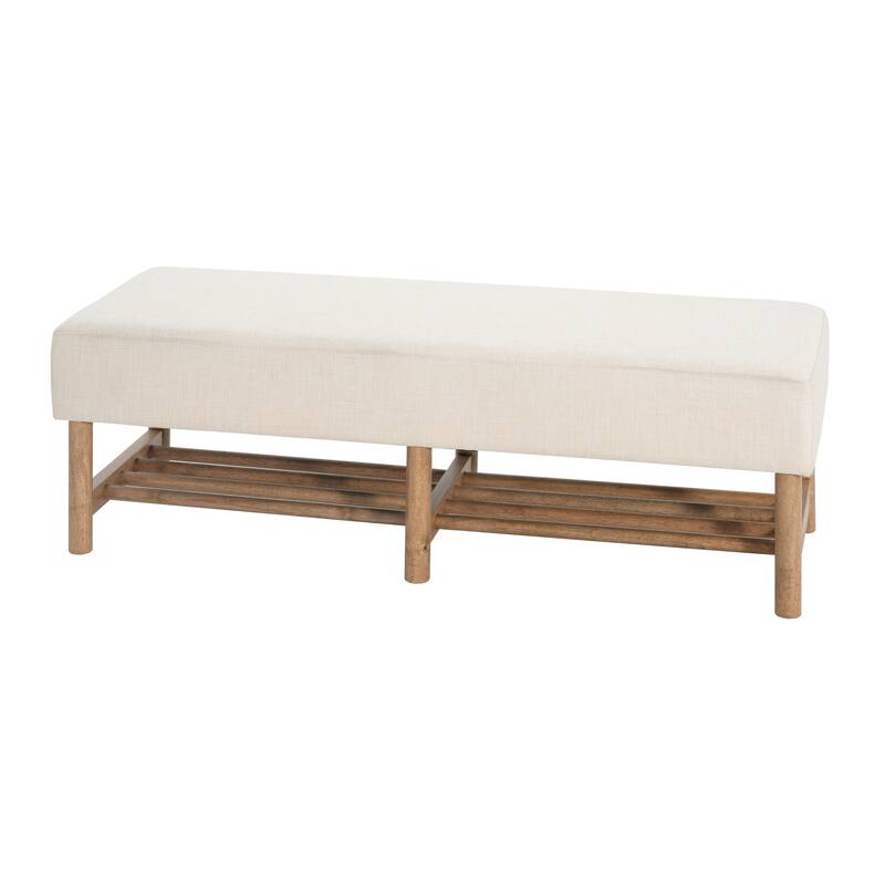 Rectangular Upholstered Ottoman Bench, Large Linen Fabric Bench, Entryway shoe Bench with Solid Wood Legs, Open shelves
