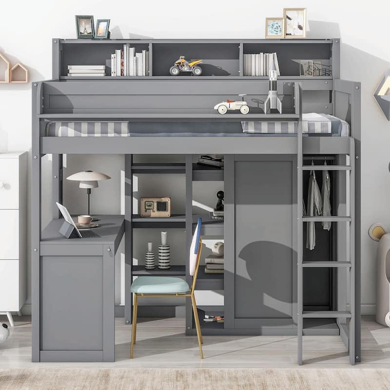Wood Twin Size Loft Bed with Storage Shelves and Wardrobe - Grey