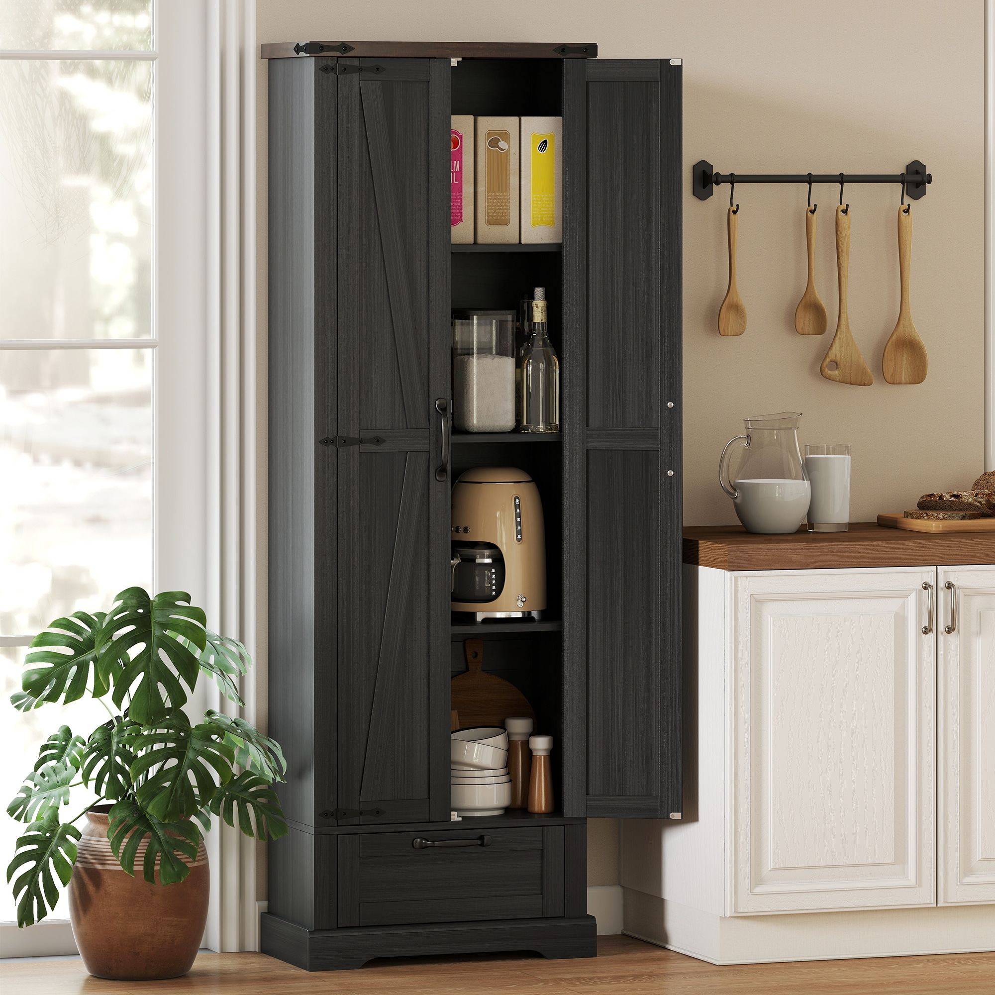 HOMCOM 71" Tall Kitchen Pantry, Farmhouse Storage Cabinet with Adjustable Shelves, Food Pantry Cabinet for Kitchen, Dining Room