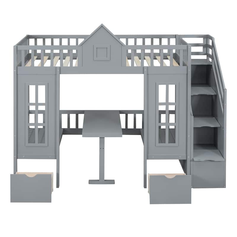 Full Size Wooden Loft Bunk Bed with Table, Seats, and Storage Shelves