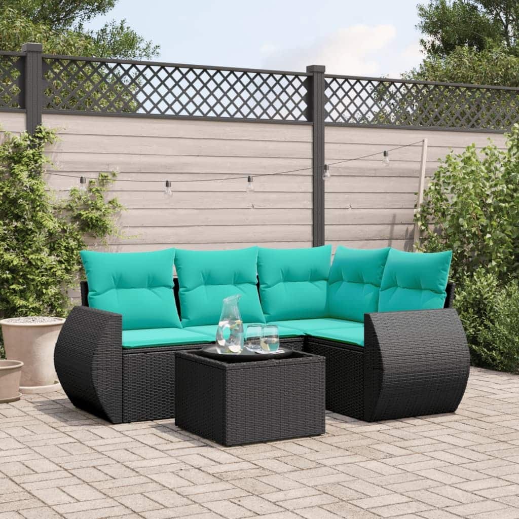 vidaXL 5 Piece Patio Sofa Set with Cushions Black Poly Rattan - 28 x 24.4 x 27.2