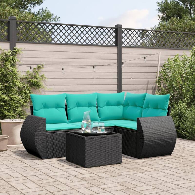 vidaXL 5 Piece Patio Sofa Set with Cushions Black Poly Rattan - 28 x 24.4 x 27.2