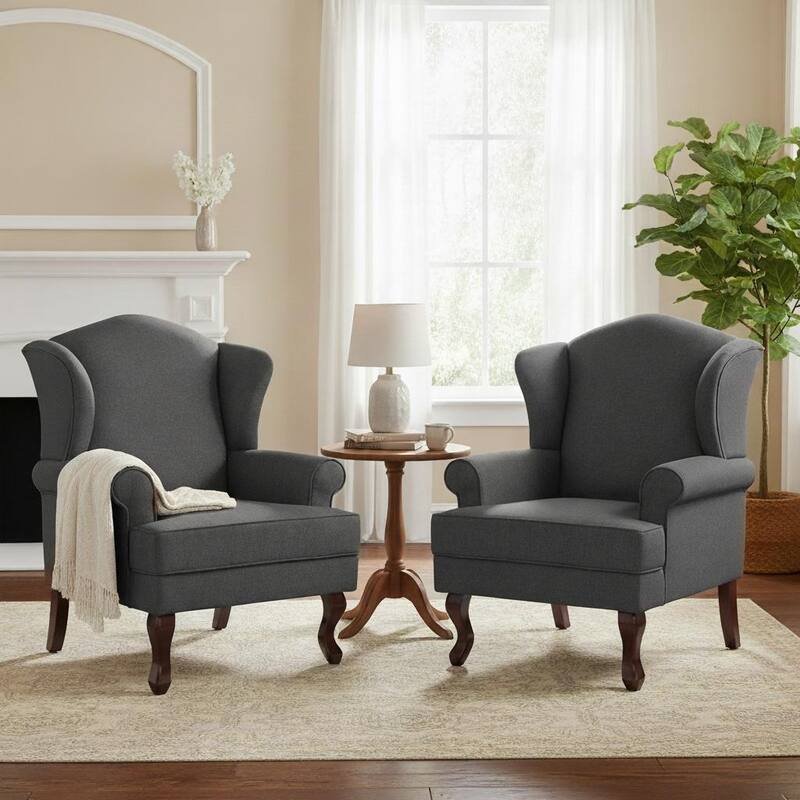 Classic Wingback Accent Chair for Living Room - Set of 2 - Dark Grey/ Linen