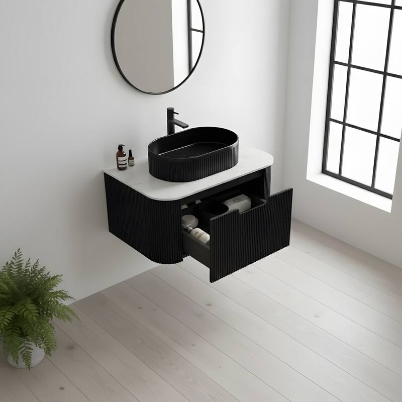 Wall Mounted Bathroom Vanity with Black Oval Ceramic Basin