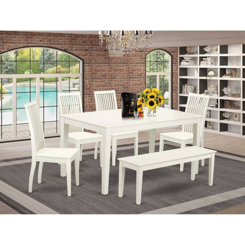 HomeStock 6-Piece Rectangle Linen White Finish Solid Wood Top Dining Table with 1 Bench, 4 Chairs with Lattice Back