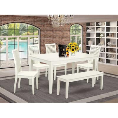 HomeStock 6-Piece Rectangle Linen White Finish Solid Wood Top Dining Table with 1 Bench, 4 Chairs with Lattice Back
