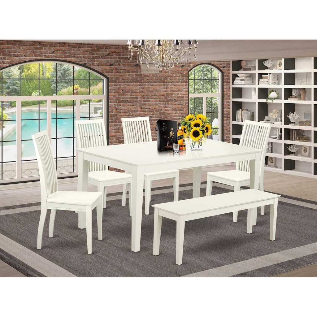 HomeStock 6-Piece Rectangle Linen White Finish Solid Wood Top Dining Table with 1 Bench, 4 Chairs with Lattice Back