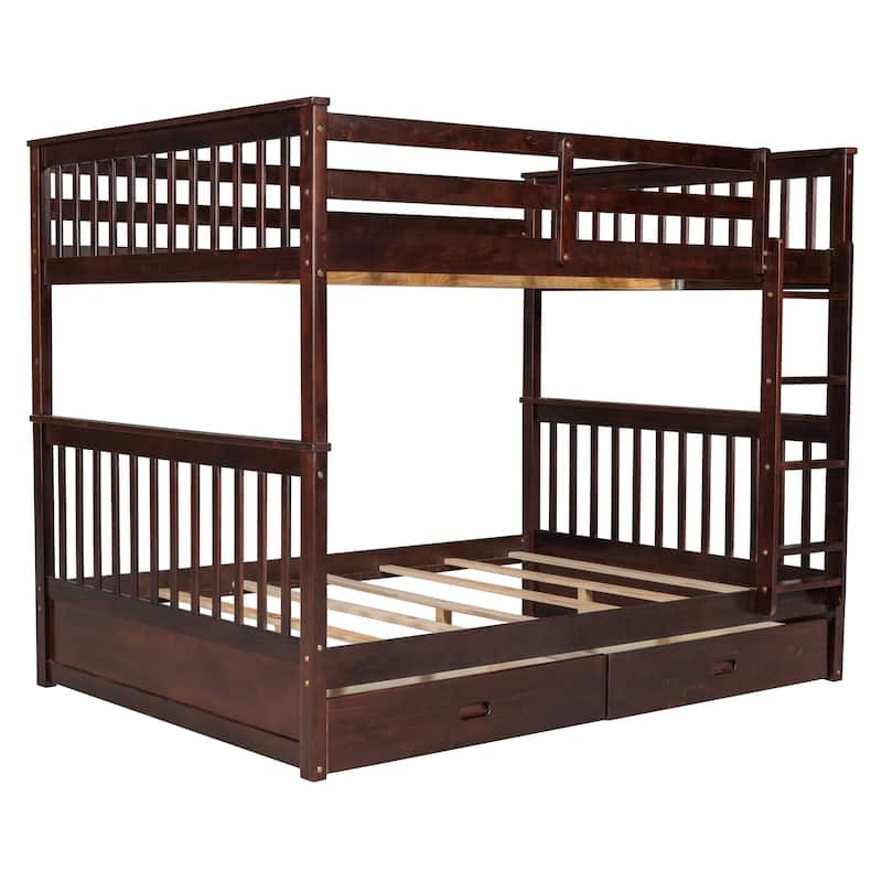 Full Over Full Bunk Bed with Drawers, Full Size Bunk Bed, Solid Wood Bunk Bed Frame with Ladders & 2 Storage Drawers