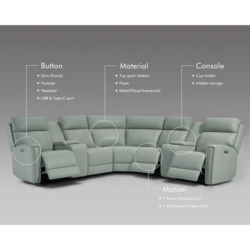 Genuine Leather Power Recliner Sectional Sofa with Ajustable Headrest, USB&USB-C Port