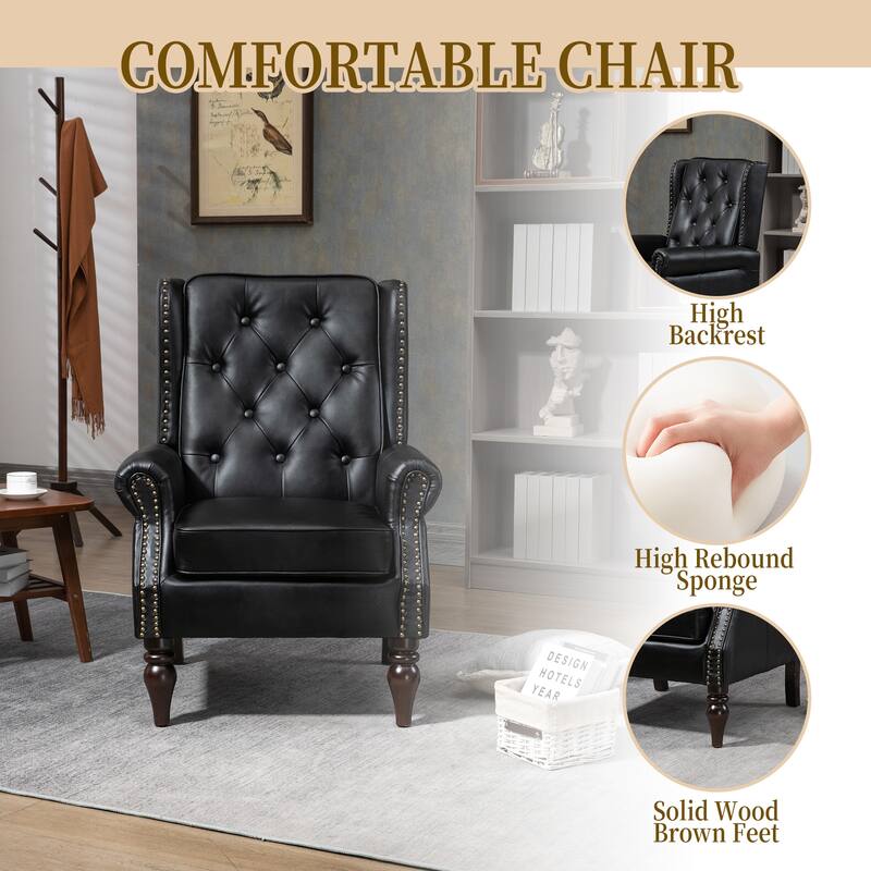 PU Leather Upholstered Accent Chair, Button Tufted Wingback Armchair, Leisure Reading Chair with Solid Wood Legs