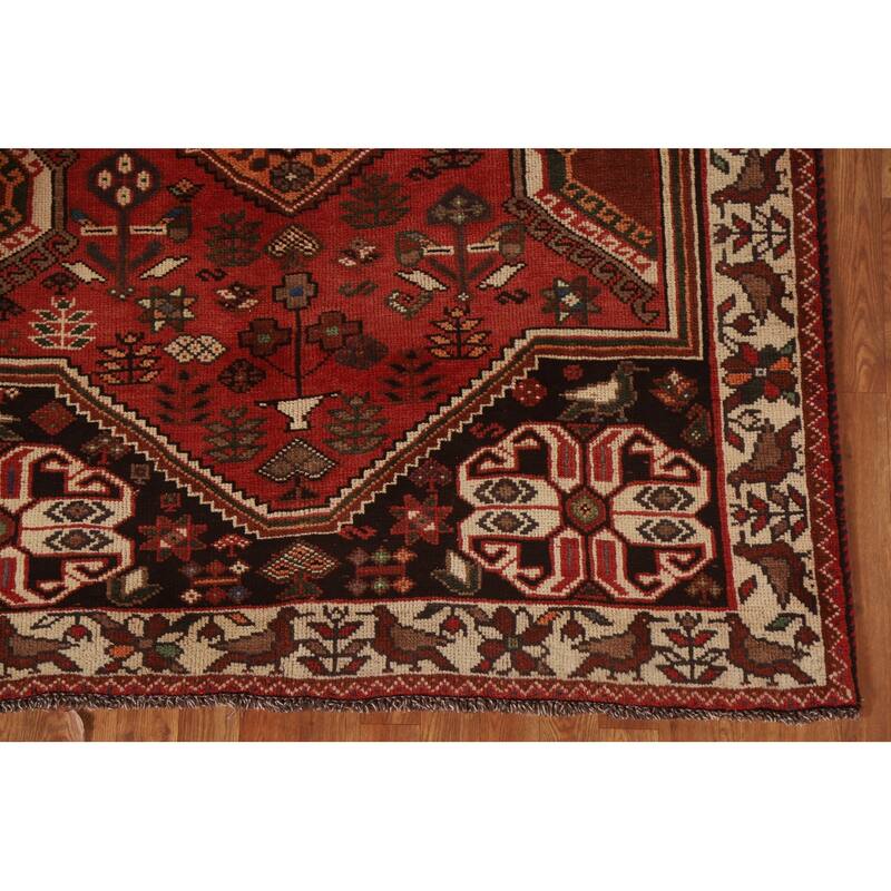 Red Shiraz Persian Vintage Area Rug Hand-Knotted Wool Carpet - 5'1"x 8'5"