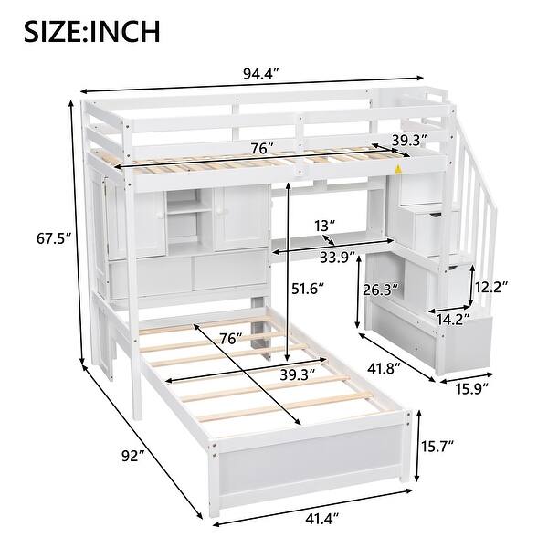 dimension image slide 0 of 2, Twin over Twin Loft Bed with Built-in Desk, Staircase, Storage Compartments, Shelves, and Solid Pine Wood Construction, Natural