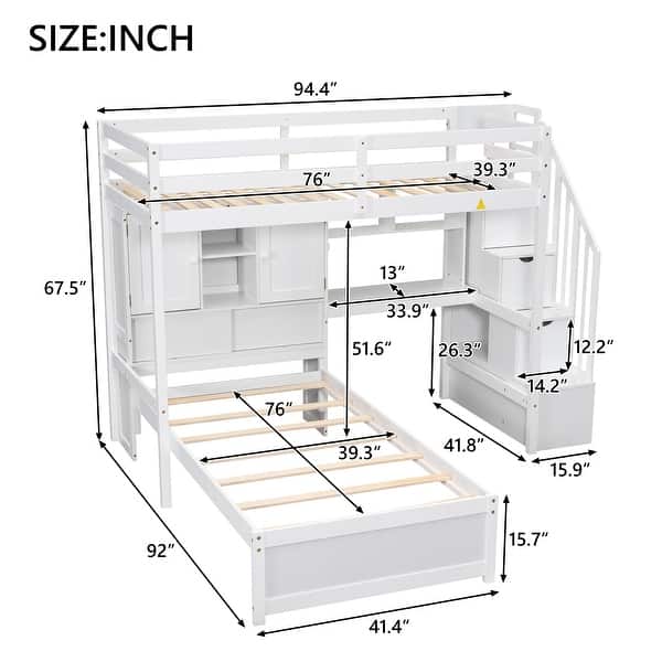 White L-Shaped Pine Wood Bookcase Platform Bed with Desk & Cabinets, Twin over Twin Bunk Bed with Storage Staircase, Guardrail