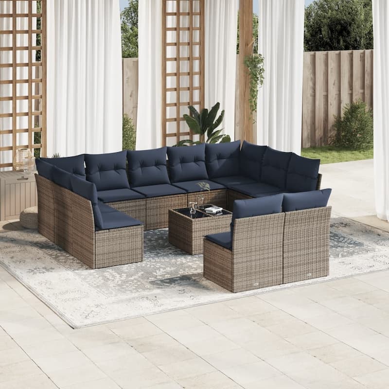 vidaXL 11/12 Piece Patio Sofa Set with Cushions Black/Brown/Gray Poly Rattan - 21.7 x 24.4 x 27.2 - Beige and gray With table