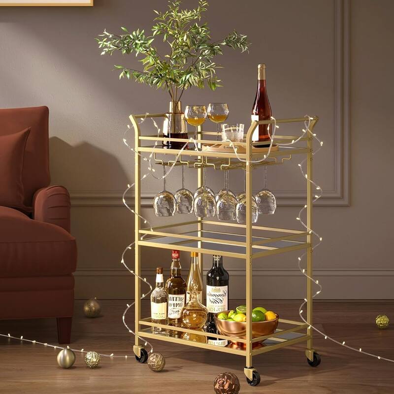 Home Bar Serving Cart with 3-Tier Shelf, Wine Holders, Glass Holders