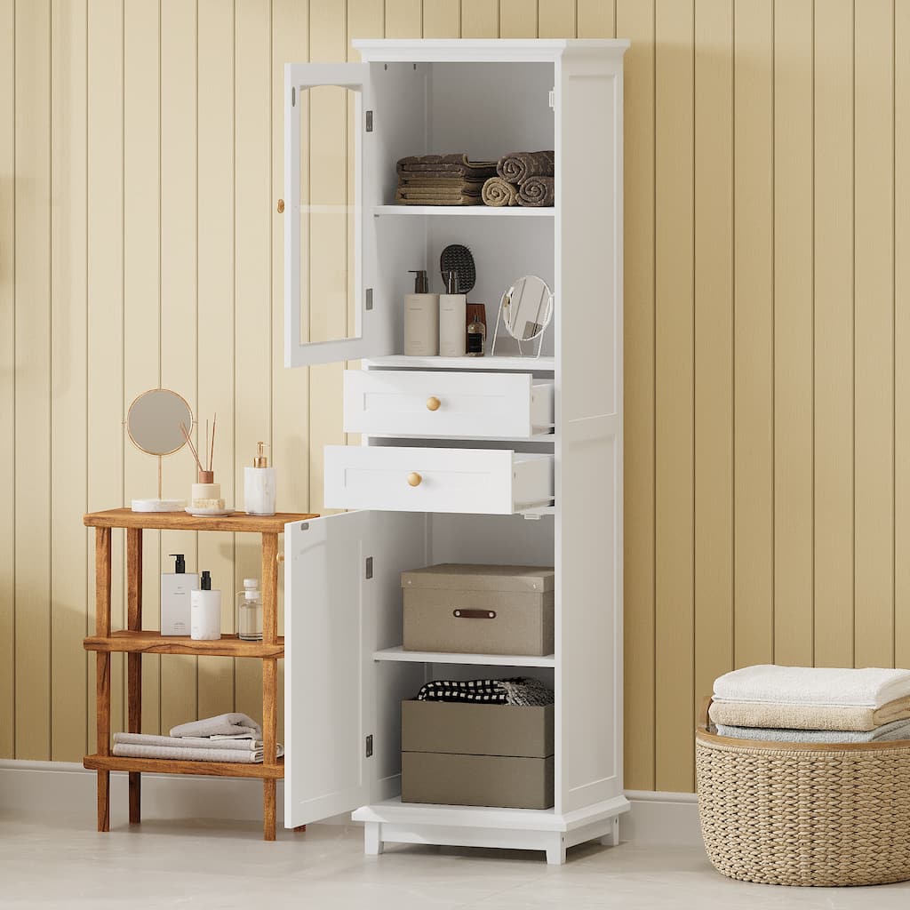 Tall Bathroom Storage Cabinet with Glass Doors, Free-Standing Sideboard, Organizer Cabinet with 2 Drawers & Adjustable Shelves