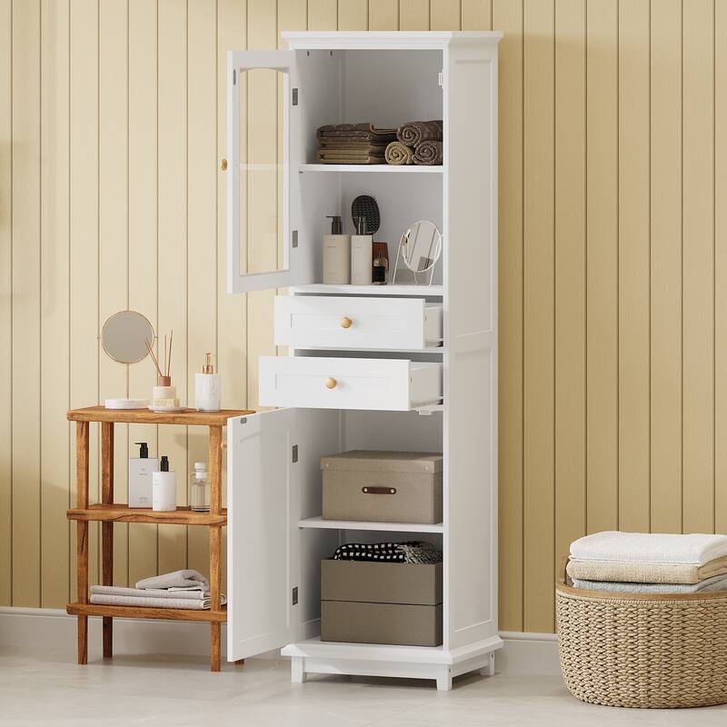 Tall Bathroom Storage Cabinet with Glass Doors and Adjustable Shelves