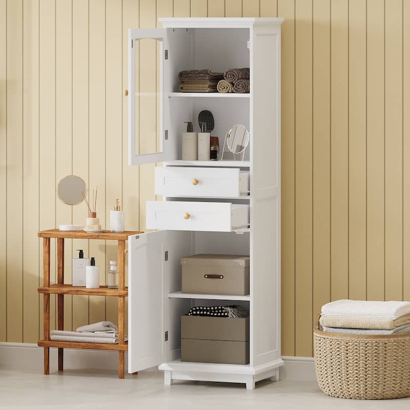 Tall Bathroom Storage Cabinet with Glass Doors - White