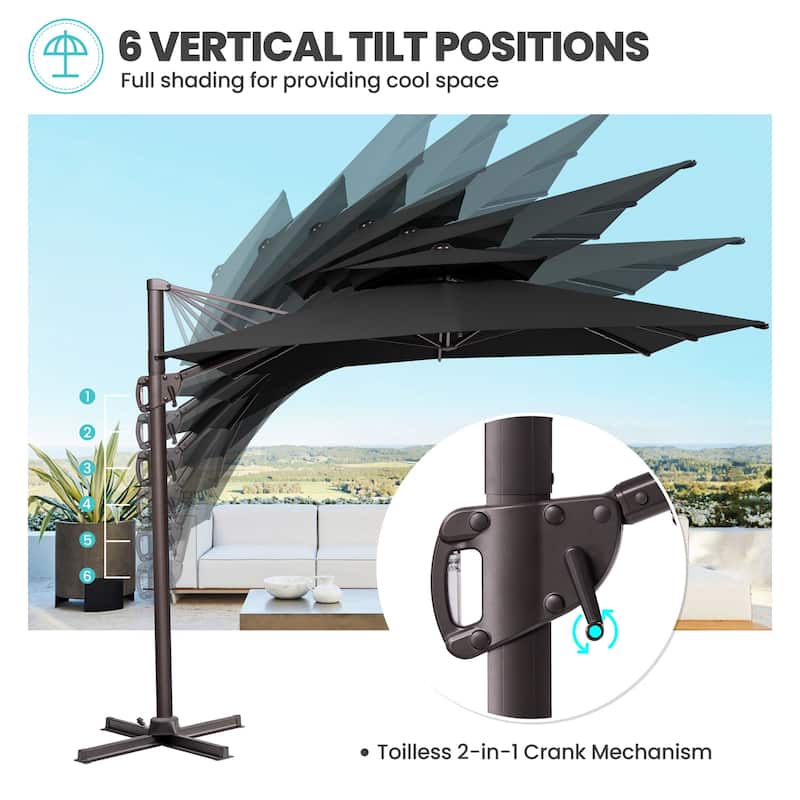 11 x 9 ft Outdoor Rectangular Patio Offset Cantilever Umbrella with 360-degree Rotation and 6 Shade Angles