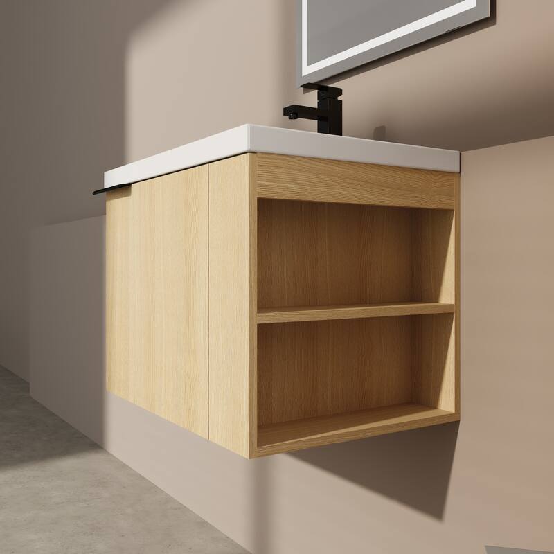 BNK 24"/48" Single Sink Bathroom Vanity with Soft Close Door and Shelf, Modern Floating Vanity - 24''W - Beige
