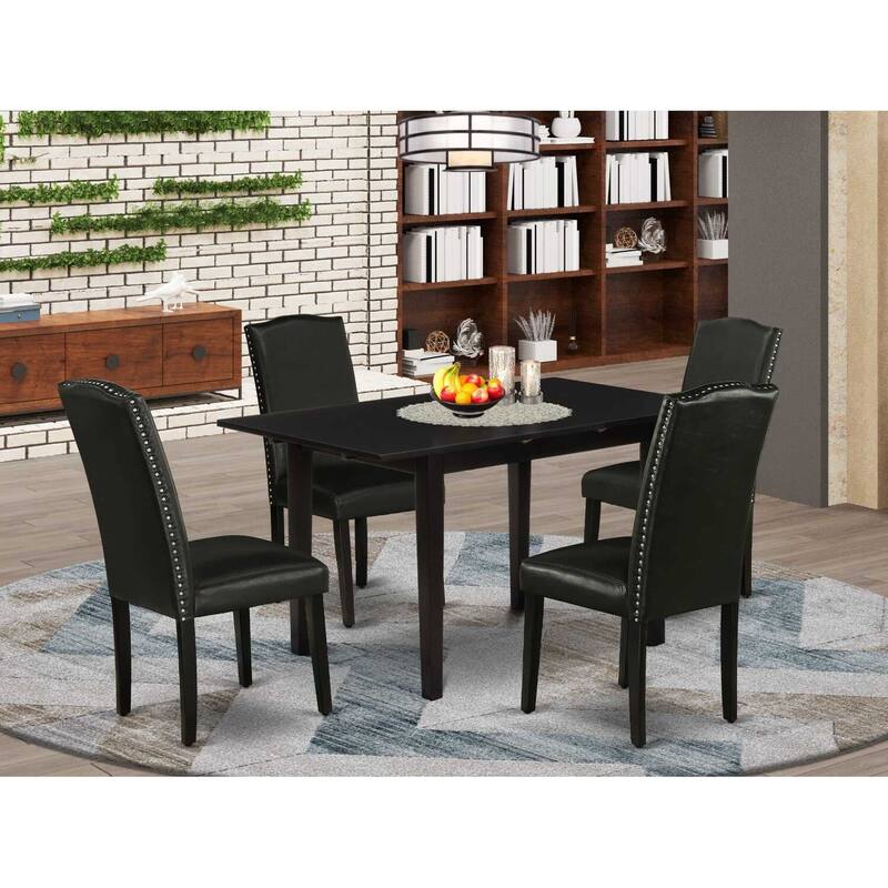 HomeStock 5-Pc Black Finish Solid Wood Top - Rectangular Upholstered Dining Room Set with Butterfly Leaf - Seats 4