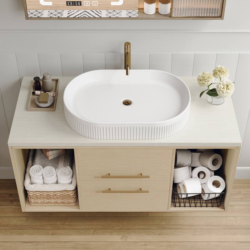 39.3"Wall-Mounted Bathroom Vanity with Oval Ceramic Sink,Floating Multi-Layer Cabinet Soft-Close Drawers Open Shelf Storage