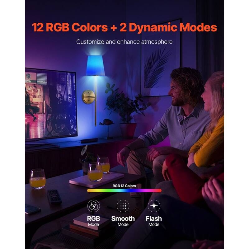 Gold and White Rechargeable Battery-Operated Wall Sconces with 12 RGB Colors - 23.82 x 6.69 x 8.39 in