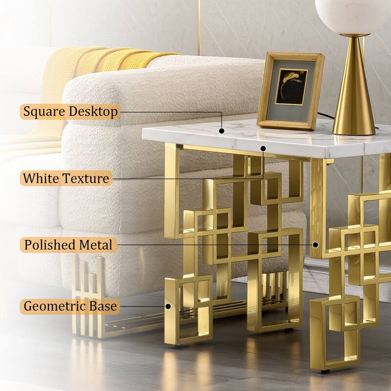 Modern End Table 23 inch Square Living Room Side Table with High Gloss Top and Mirrored Metal Geometric Base