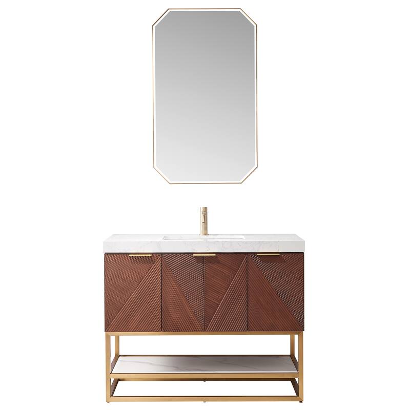 Mahon Single Bath Vanity with Composite Stone Top and Mirror - 42in. - Brushed Gold Base