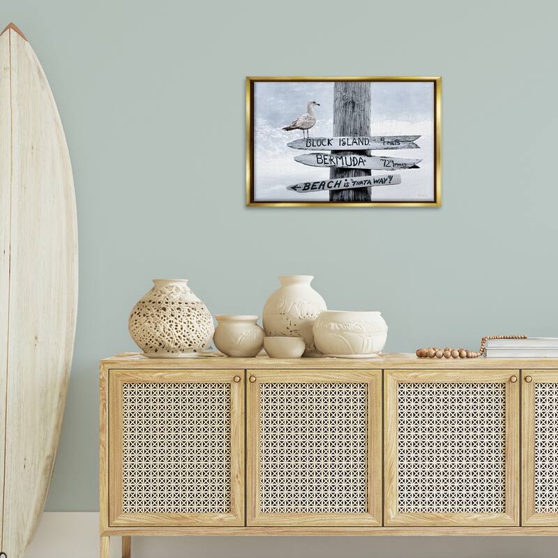 Stupell Vacation Beach Signs with Seagull Framed Floater Canvas Wall Art Design By Robin-Lee Viera