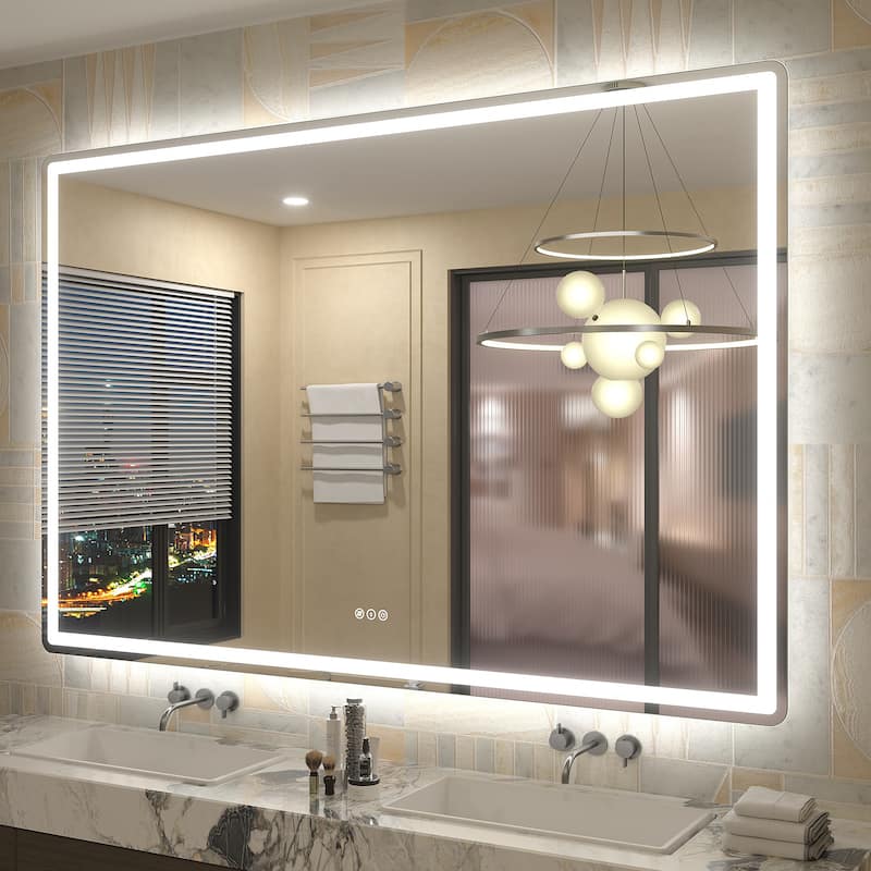 UL Certified Frameless LED Front Light and Backlit 3 Colors Dimmable Anti-Fog Wall Bathroom Vanity Mirror - 60" x 40"-Rounded Corner