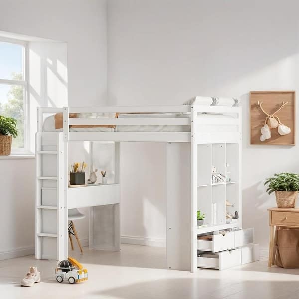 slide 2 of 18, Storage Loft Bed with Shelves, Drawers, Writing Desk and Led Light, Twin Size White