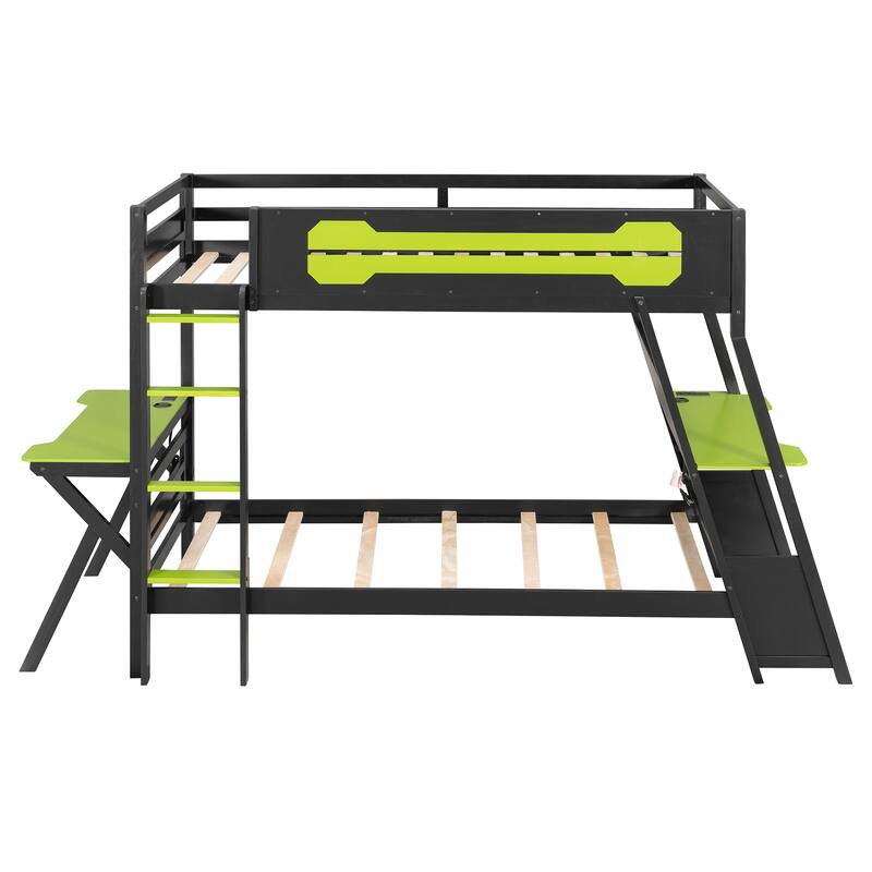 Gaming Bunk Bed Two Built-In Gaming Desks Each Side Loft Bed with USB Desktop Ports and Pegboard Organizer for Gaming Room Gamer